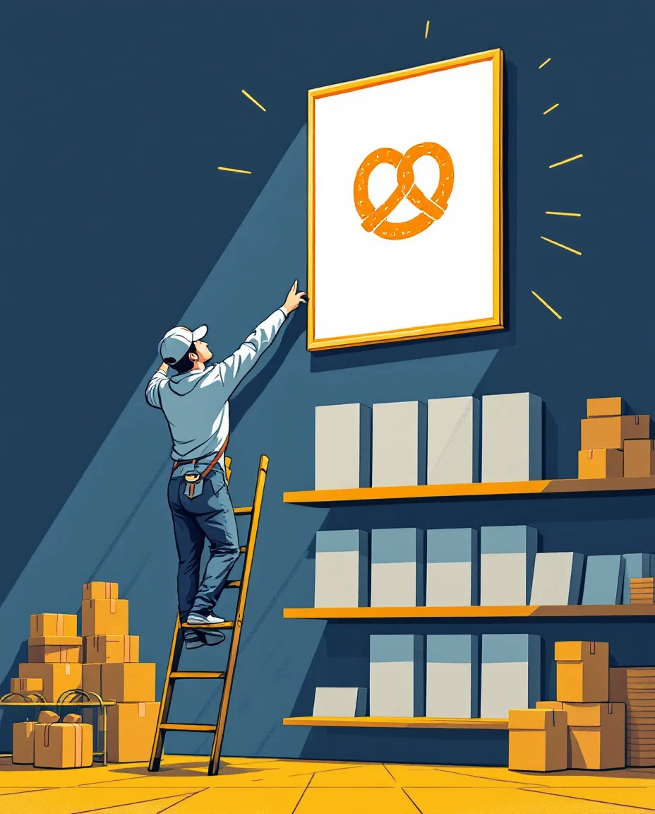 Comic: Bäckerin hängt ein großes Bild mit Brezel-Symbol ganz oben über graue Karten, ein Kunde schaut hoch