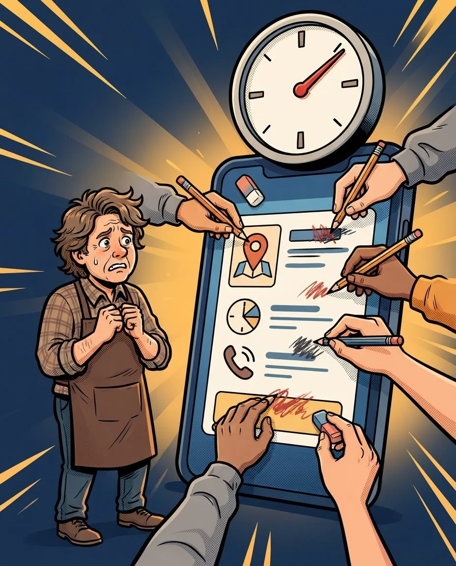 Illustration: Besorgter Inhaber schaut zu, wie fremde Hände Standort, Öffnungszeiten und Telefonnummer in seinem Google-Profil ändern, darüber tickt eine Uhr