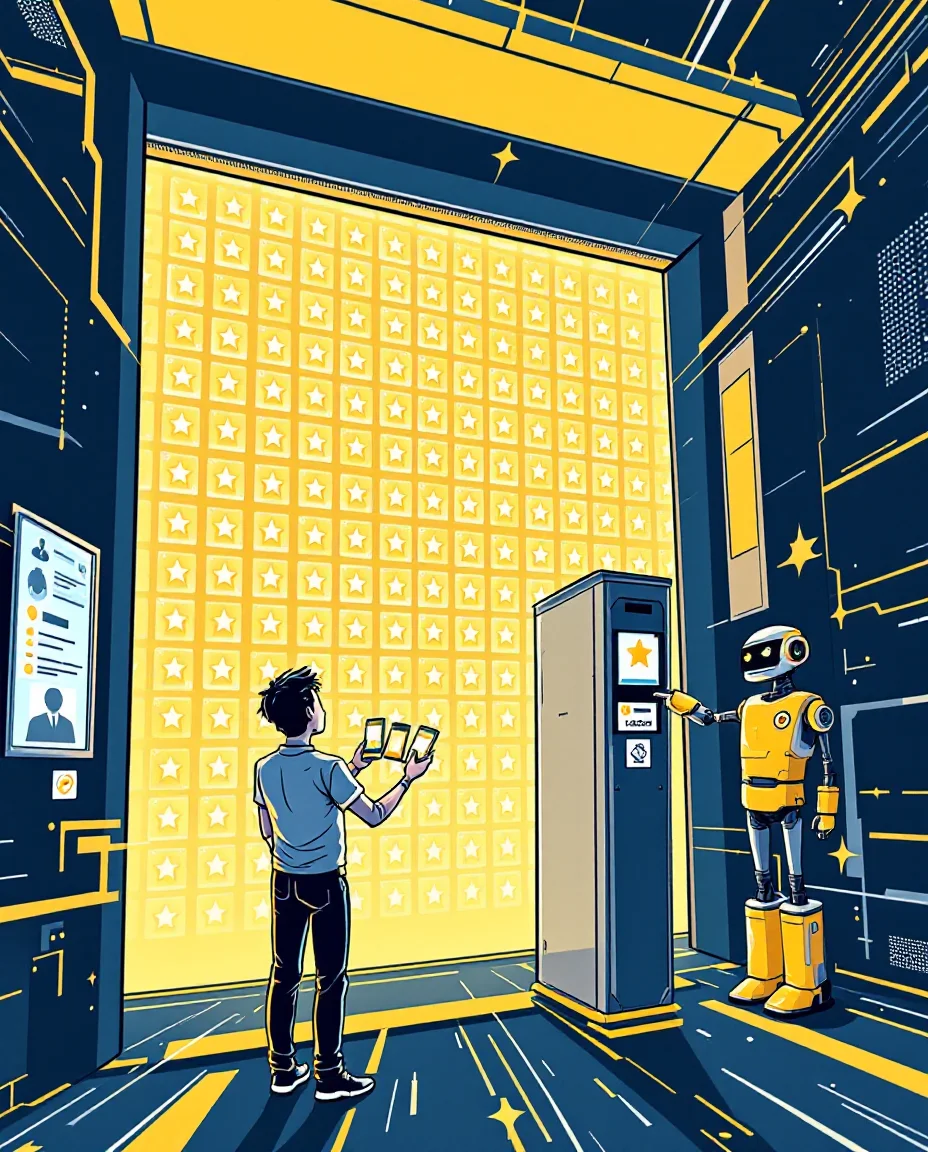 Comic: Kunde mit drei Sternekarten vor einem Drehkreuz, dahinter eine Wand voller Bewertungskarten, ein Roboter zeigt auf den Ausweisschlitz