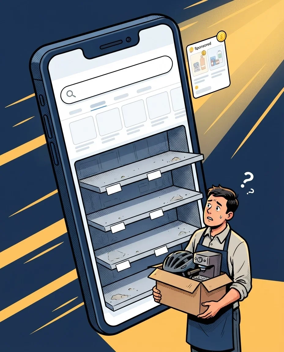 Illustration: Händler mit Karton voller Produkte vor leeren Regalen in der Google-Suche, nur die bezahlten Anzeigen leuchten noch