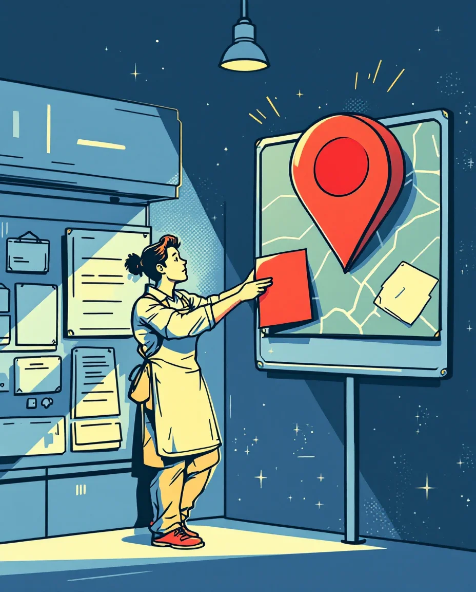 Comic: Inhaberin löst ein Preisschild von einer großen Kartennadel und klebt es an eine Pinnwand daneben