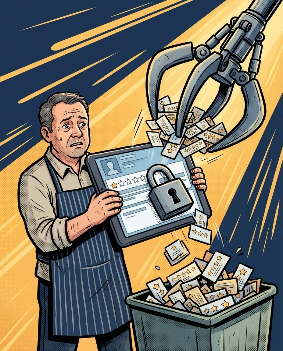 Comic: Greifarm entfernt Sterne-Bewertungen von einem Tablet, Schloss über dem Bewertungsbereich